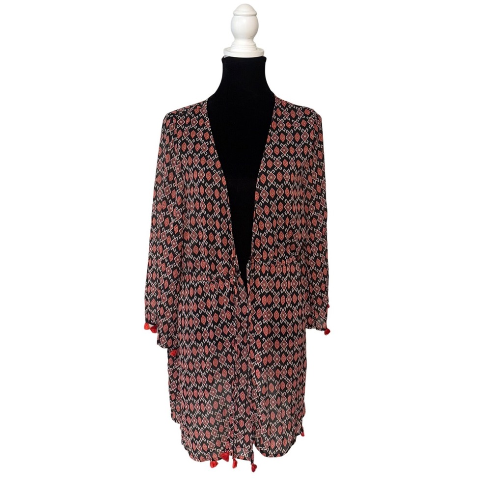 Jessica Simpson Geometric Ikat Print Tassel Kimono Cover Up Black‎ Red Women 0X